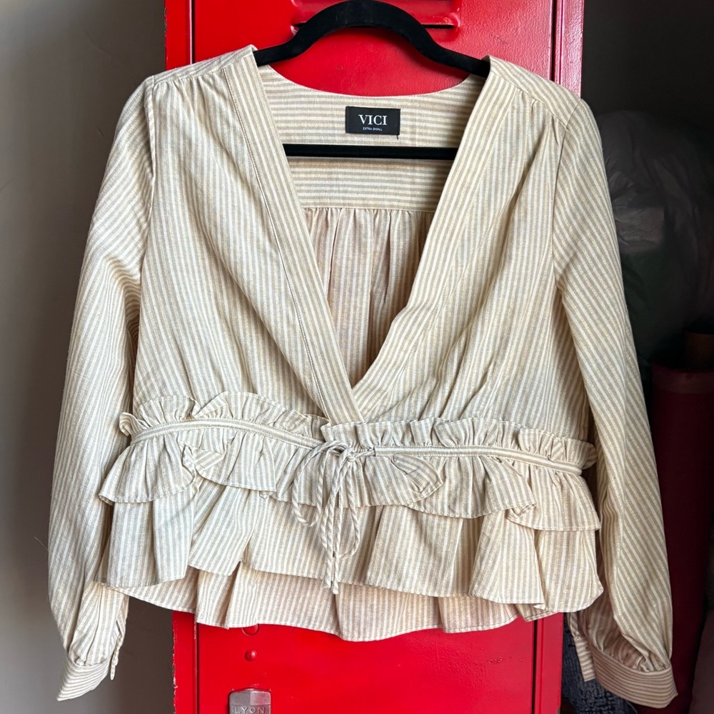 Vici Beige Striped Ruffle Blouse